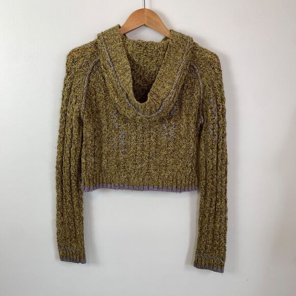 Vtg Free People Chunky Hooded Cable Knit Cardigan Sweater Wool S Green Brown - Picture 2 of 8
